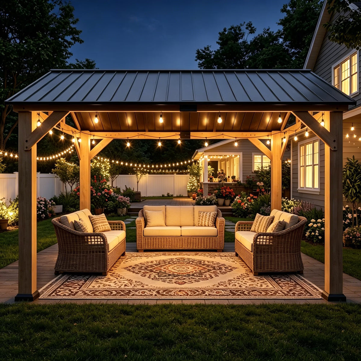 Sunmthink 10' x 12' Outdoor Wood Gazebo, Hardtop Gazebo Permanent Wooden Pavilion with Galvanized Steel Gable Roof, for Patio, Garden, Deck, Cedar Wood