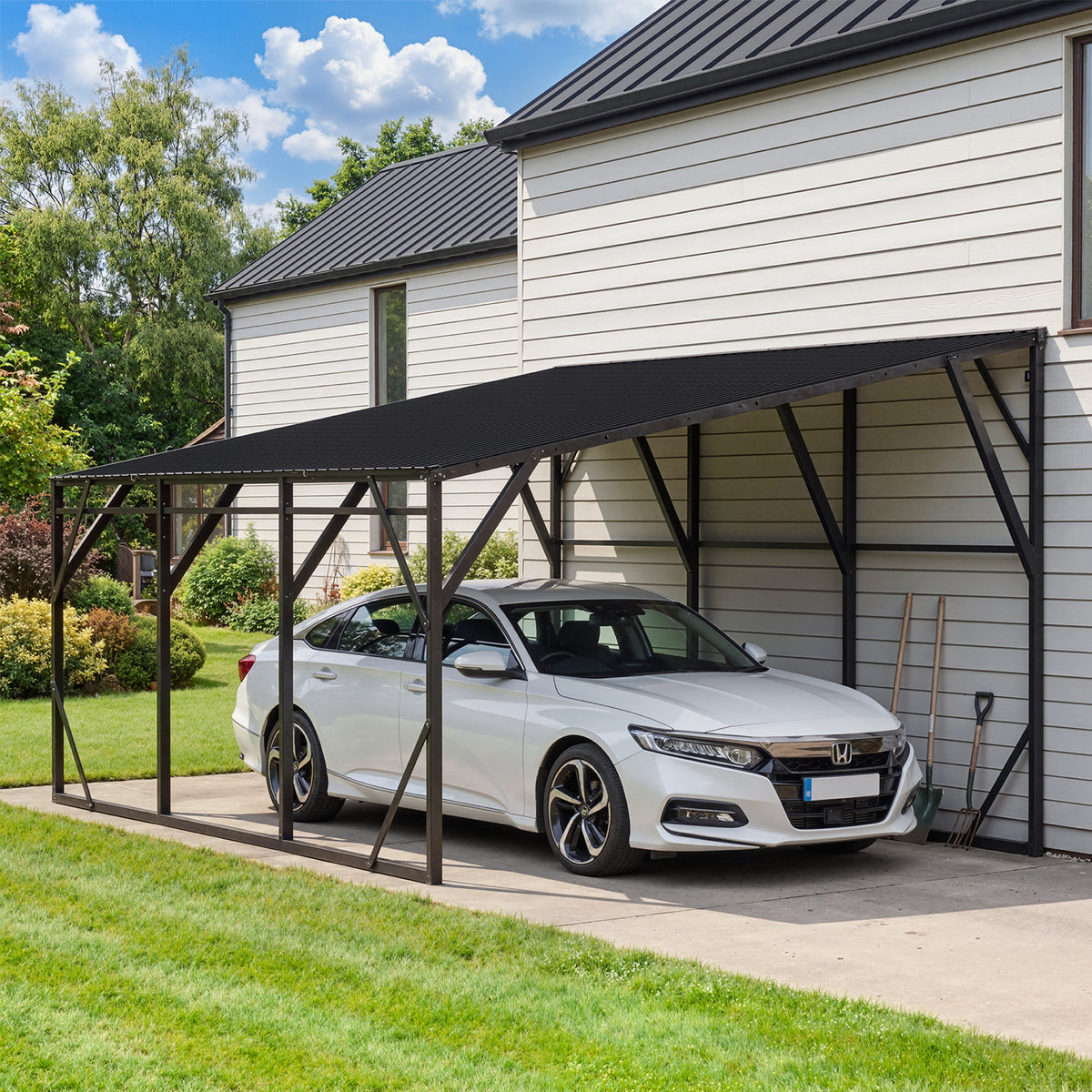Dateyes 12x20 FT Lean-to Metal Carport, Wall-Mounted Metal Vehicle Shelter, Heavy Duty Carport with Reinforced Frame & Galvanized Roof, Black