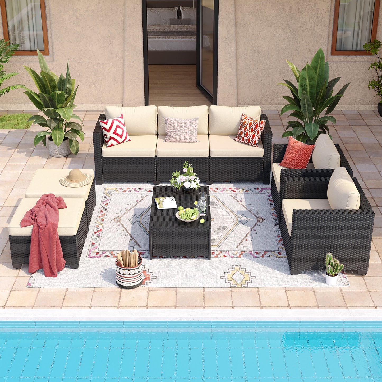 Sunmthink 8 Piece Outdoor Patio Wicker Furniture Set, Rattan Sectional Sofa with Beige Cushions