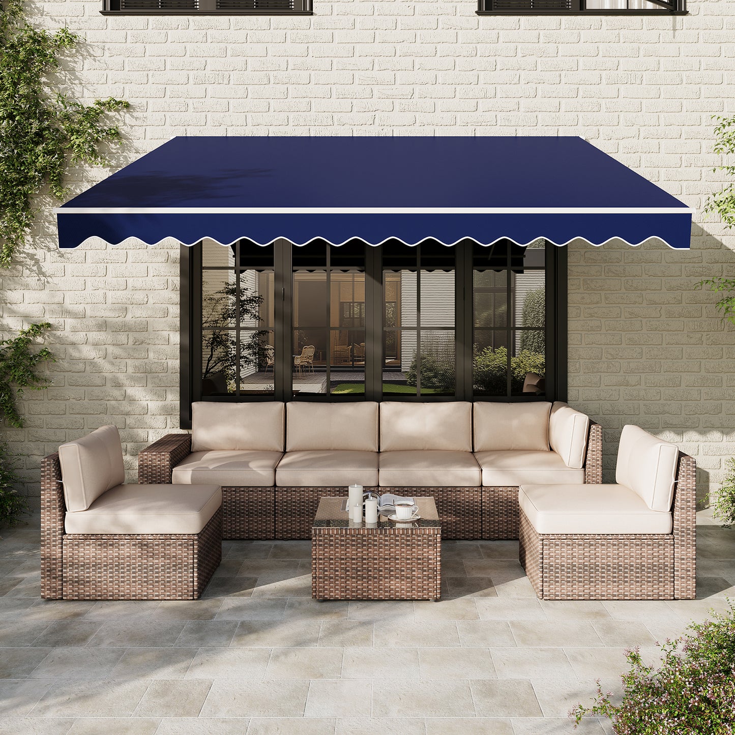 Aoxun Manual Retractable Awning 12x10 FT, Outdoor Patio Sun Shade Canopy with Crank Handle, Waterproof PA Coated Polyester Fabric for Backyard, Deck & Window, Blue