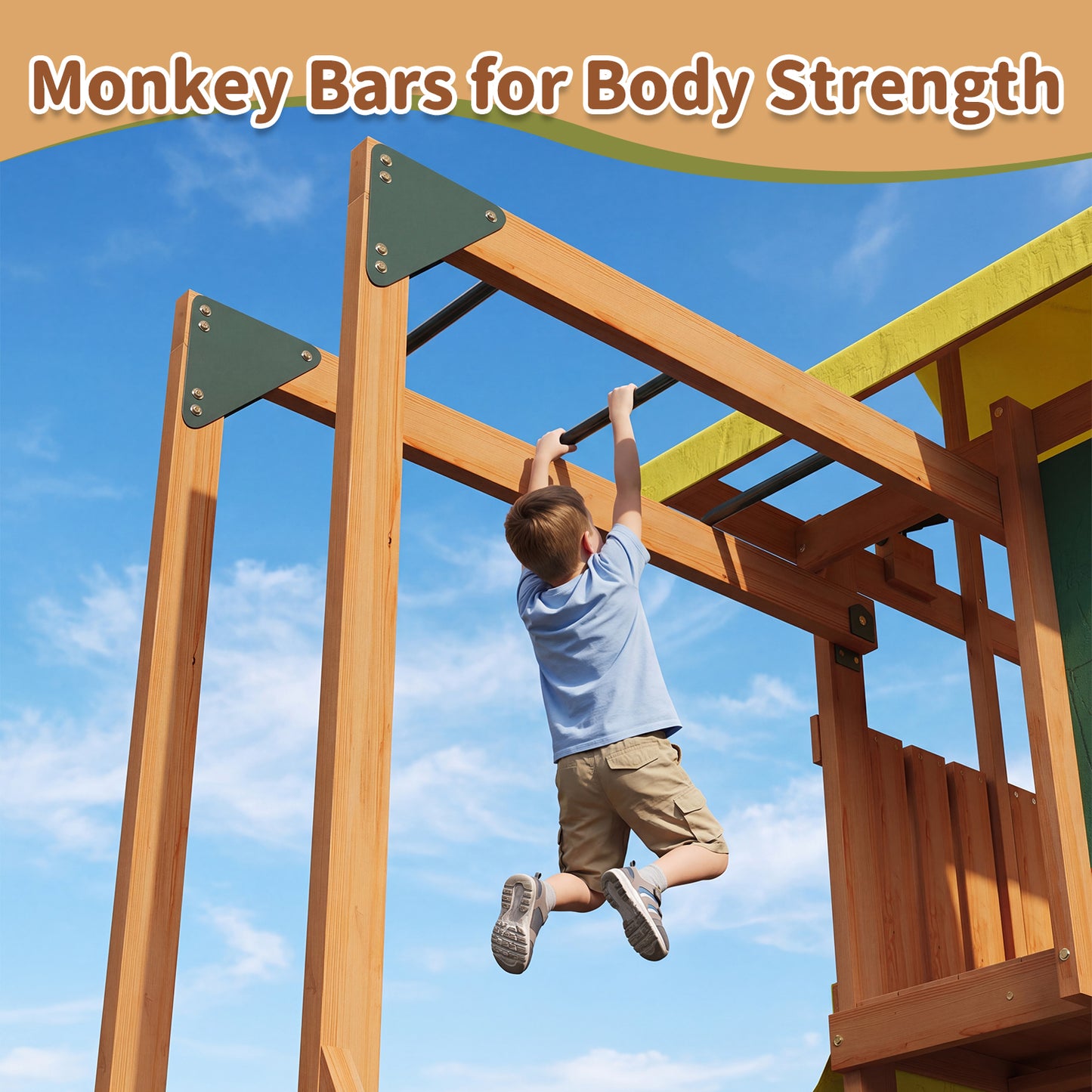 Clouddwell Wooden Swing Set for Backyard Playground Swingset with Slide Kid Outdoor Play Set with 8 FT Wave Slide, 2 Belt Swings Play Deck, Rock Wall Ladder, Belt Swings, Chalkboard