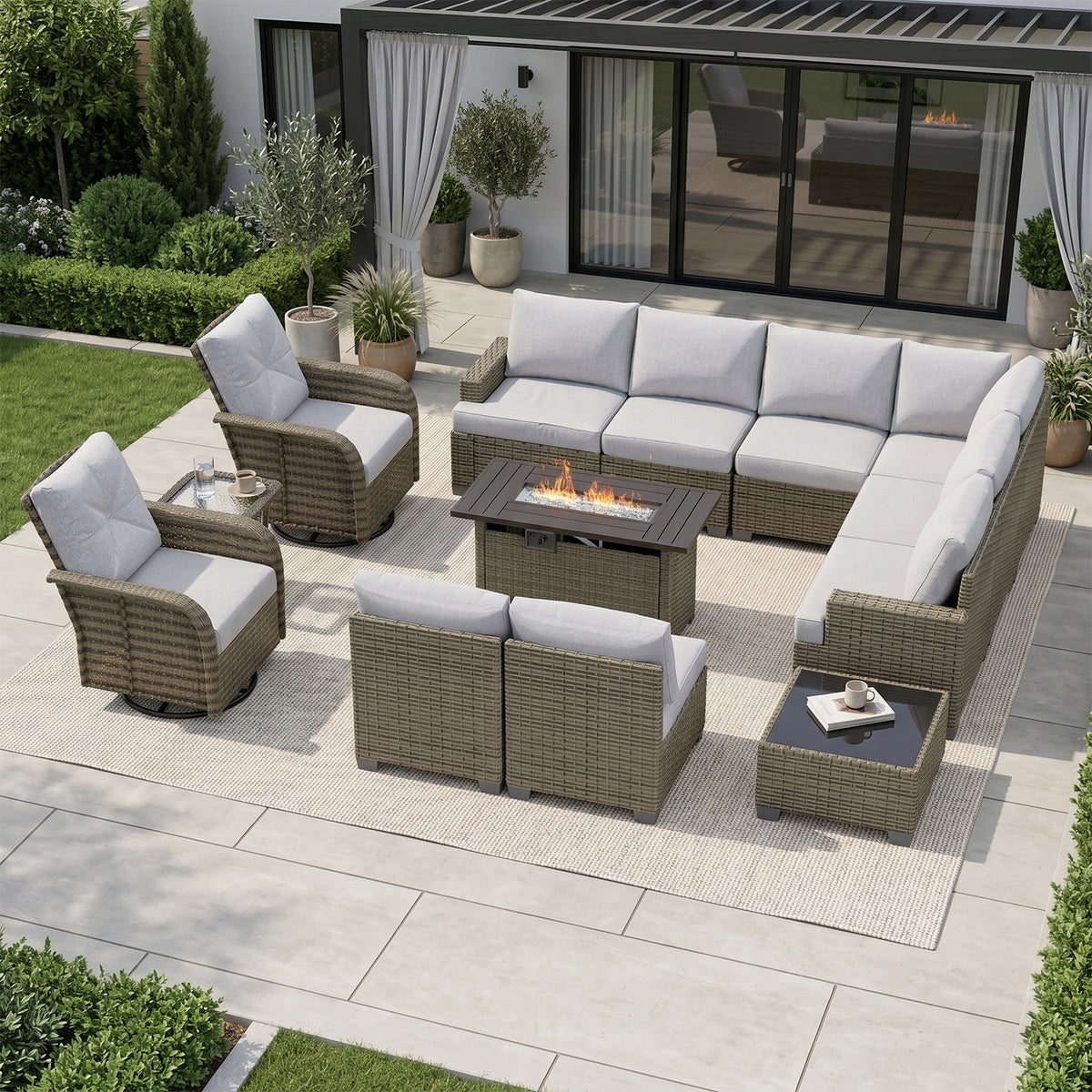 Clouddwell 13 Piece Outdoor Sectional Set with Swivel Rocker Chairs of 2, Patio Conversation Sets with Fire Pit Table, Light Gray
