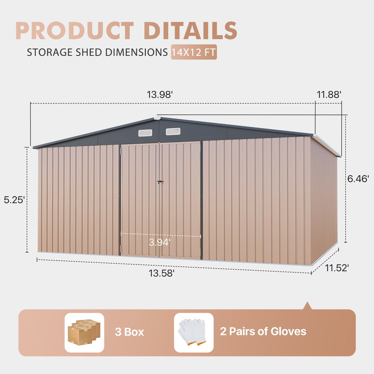 LazySunsets 12 x 14FT Shed Outdoor Storage Shed with Double Door, Large Metal Shed with Lockable Door & Sloped Roof for Garden, Backyard, Patio and Backyard, Brown