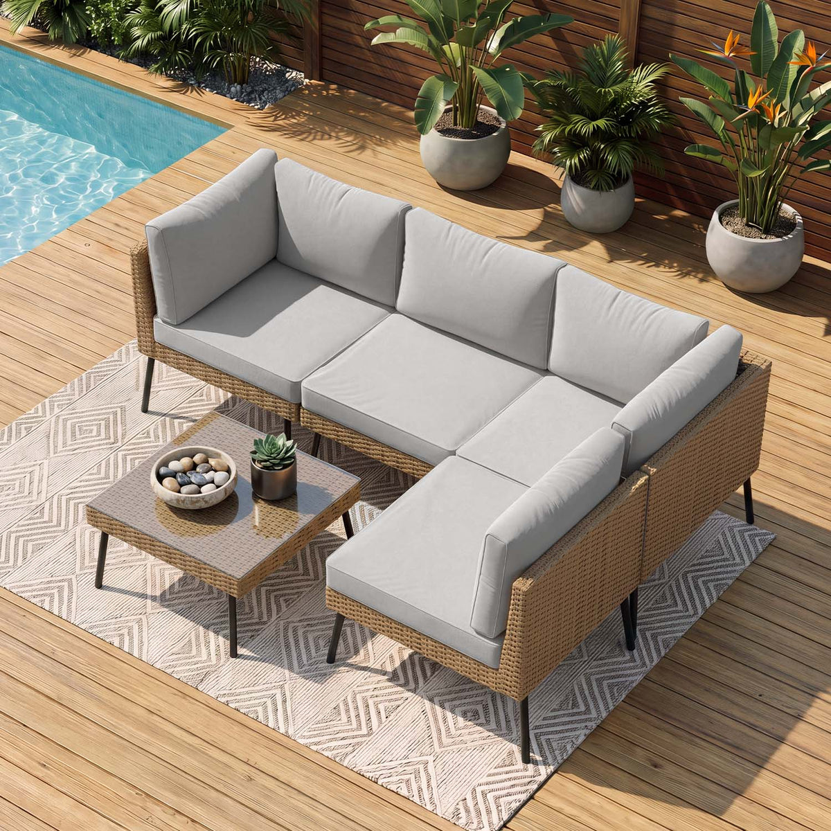 Dateyes 5‑Piece Rattan Outdoor Sectional Sofa Set, Light Gray Cushions Patio Conversation Furniture Set