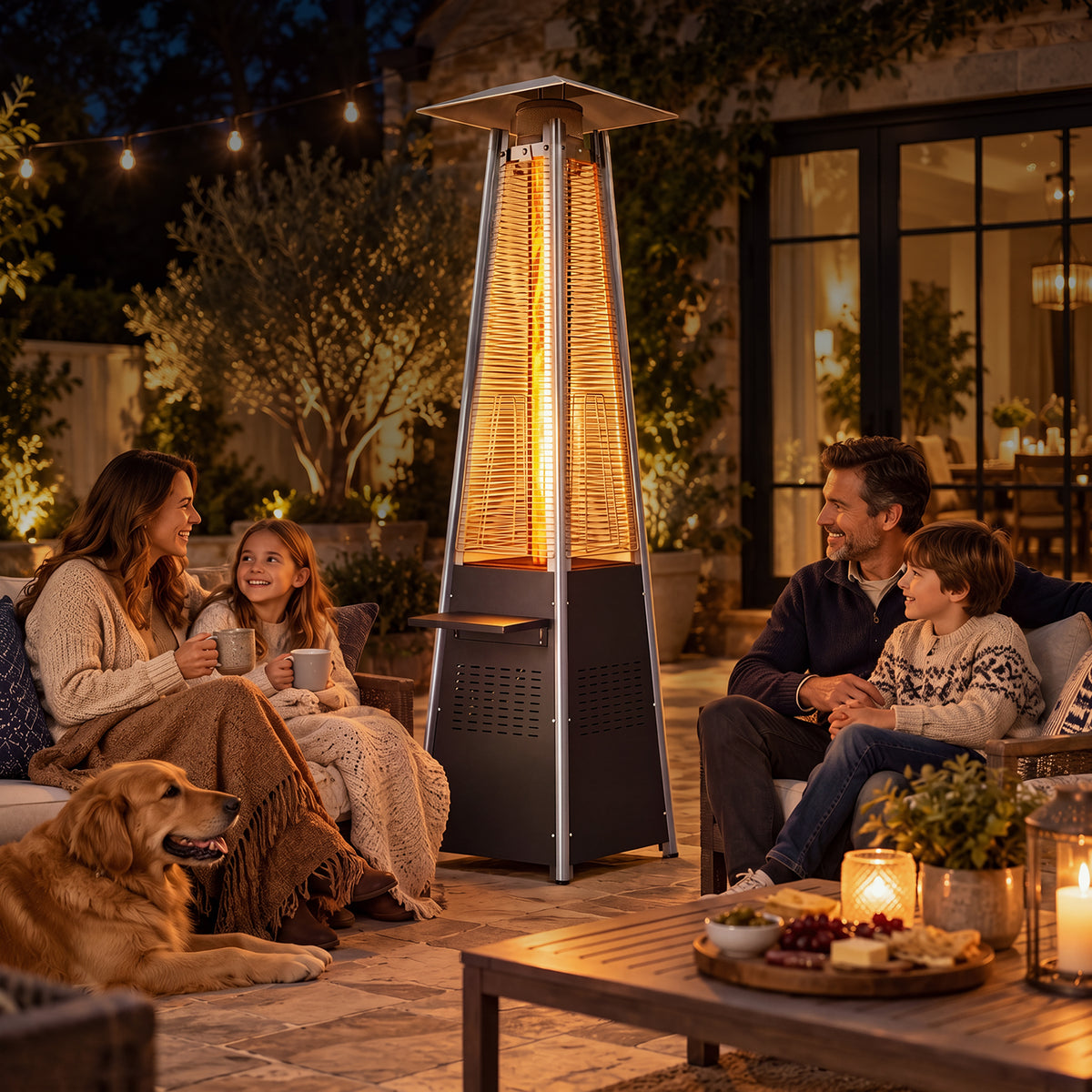 LazySunsets 87 Inch Outdoor Tower Propane Heater, 48000 BTU Black Pyramid Patio Heater with Detachable Tabletop, Safety Guard & Moving Wheels, Auto Safety Shutoff