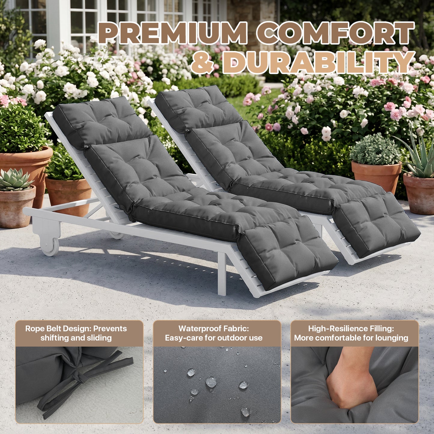 Clouddwell Gray 2 Pack 4-Segment Chaise Lounge Cushions, All Weather Patio Pads with Tie Fasteners & Soft PP Cotton for Poolside Patio Balcony