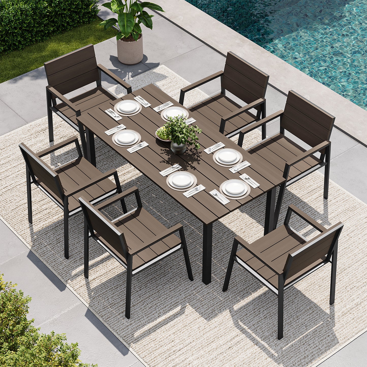 Clouddwell 7 Piece Patio Dining Set for 6, Chocolate HDPS Aluminum Frame Outdoor Table & Chairs with Umbrella Hole, All Weather Rot Fade Crack Proof Heavy Duty Patio Furniture for Backyard