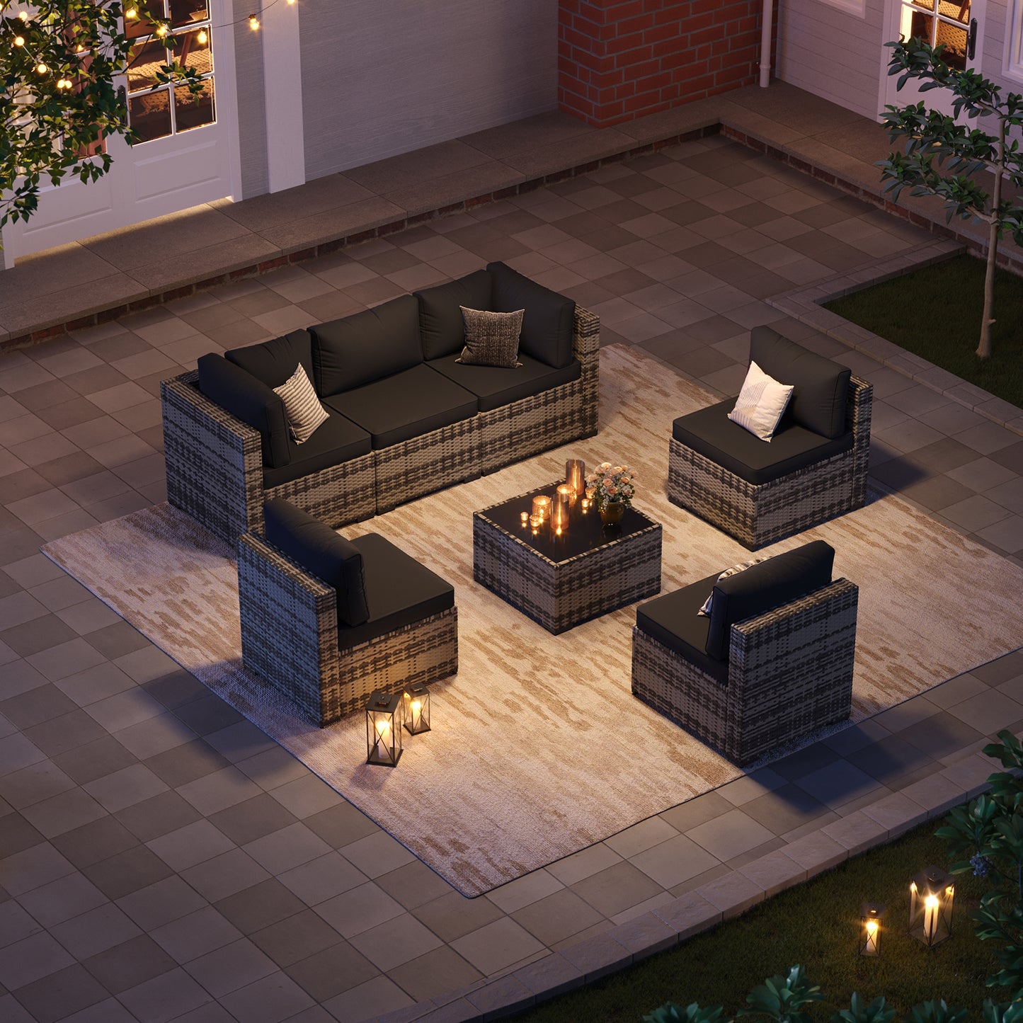 Clouddwell 7 Pieces Patio Conversation Set, Outdoor Sectionals Rattan Wicker Couch Sofa, Black