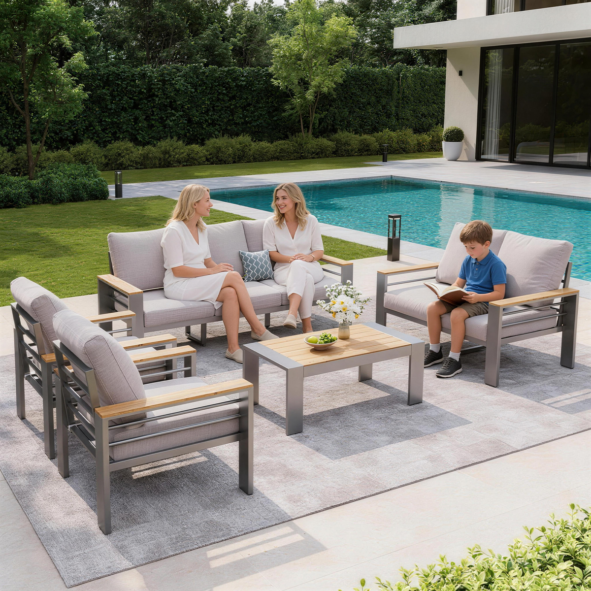 LazySunsets 5 Piece Aluminum Patio Furniture Set, 7-Seat Oversized Outdoor Sectional, Light Gray