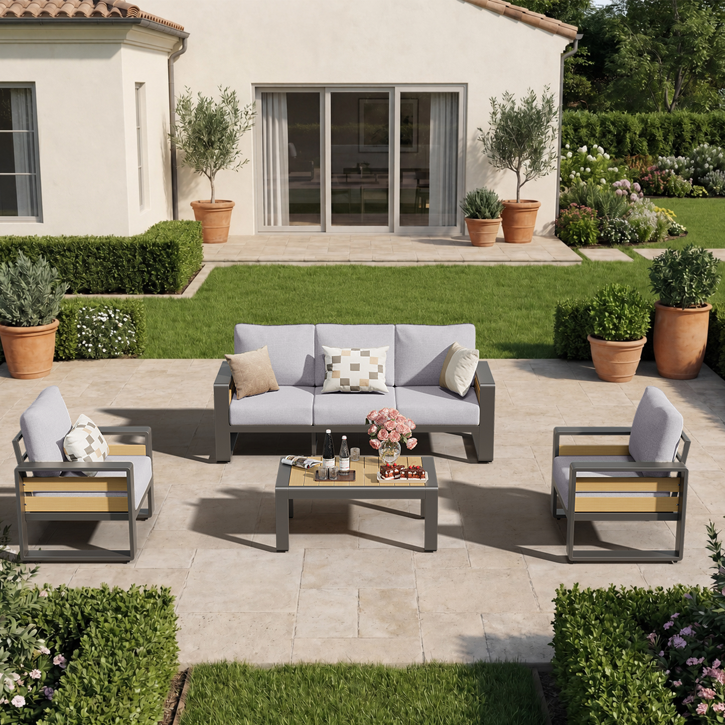 Clouddwell 4 Piece Aluminum Patio Furniture Set, 5-Seat Luxury Outdoor Sectional with 6" Olefin Fabric Cushions, Light Grey