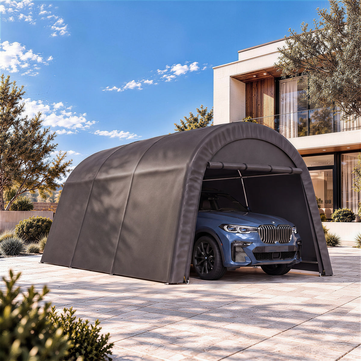 Dateyes 13x20 FT Carport Round Top Shelter, Carport Canopy with Roll-up Doors, Portable Garage Portable Carport with Waterproof UV PE Cover, Car Canopy for Car, Truck, SUV, Boat, Dark Gray