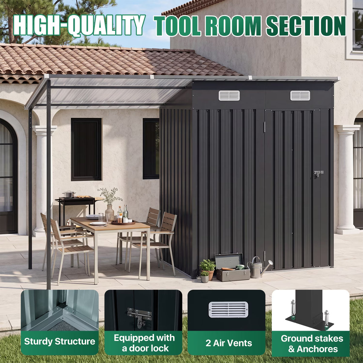 Dateyes Outdoor Storage Shed with Pergola, 10x3 FT Sheds & Hardtop Gazebo Combo with 30 Sq. Ft Covered, 2-in-1 DIY Tool Shed with Attached Hardtop Metal Pergola, Black