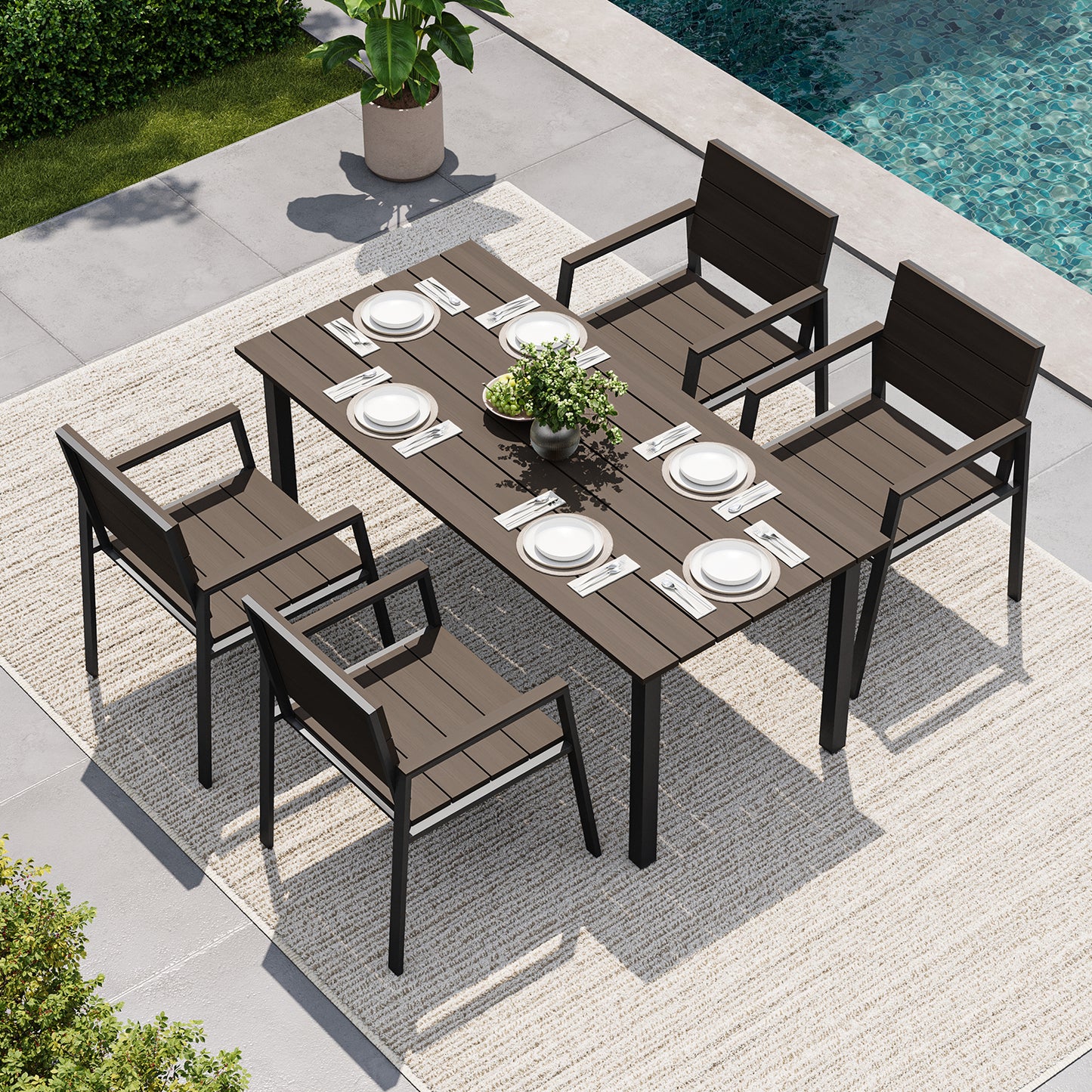 Clouddwell 5 Piece Patio Dining Set for 4, Chocolate HDPS Aluminum Frame Outdoor Table & Chairs with Umbrella Hole, All Weather Rot Fade Crack Proof Heavy Duty Patio Furniture for Backyard