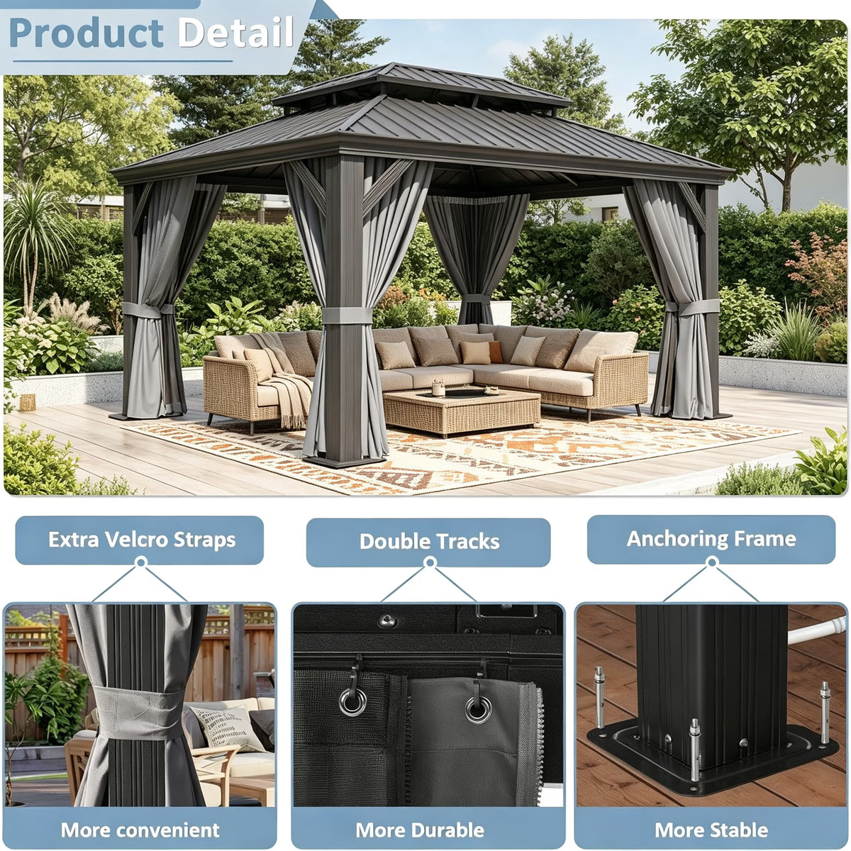 Clouddwell 10' x 12' Aluminum Gazebo with Double Roof, Hardtop Outdoor Gazebo with Galvanized Steel for Garden, Deck, Pool