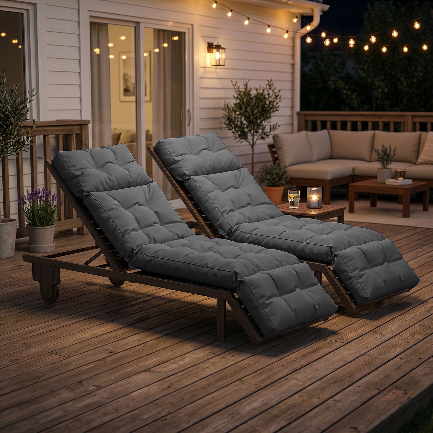 Clouddwell Gray 2 Pack 4-Segment Chaise Lounge Cushions, All Weather Patio Pads with Tie Fasteners & Soft PP Cotton for Poolside Patio Balcony