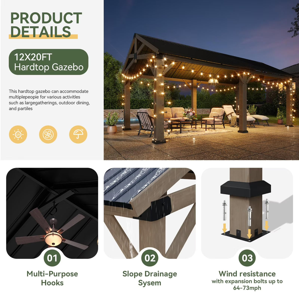 Sunmthink 12' x 20' Outdoor Wood Gazebo, Hardtop Gazebo Permanent Wooden Pavilion with Galvanized Steel Gable Roof, for Patio, Garden, Deck, Cedar Wood
