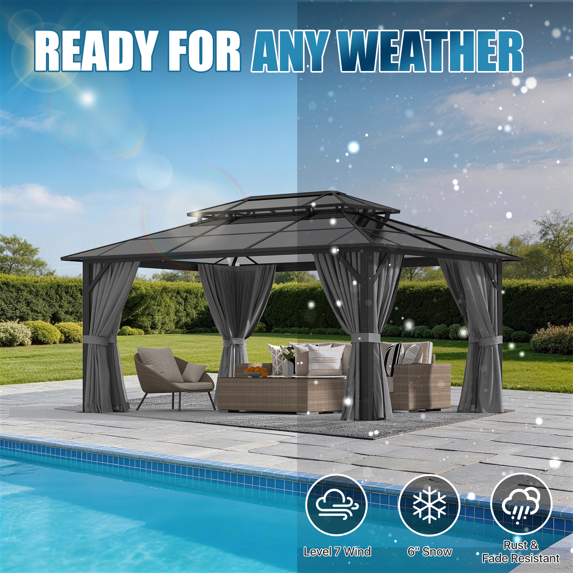 Sunmthink 12' x 16' Hardtop Gazebo,Polycarbonate Double Roof,Aluminum Frame with Curtains and Netting for Patio,Garden,Gray