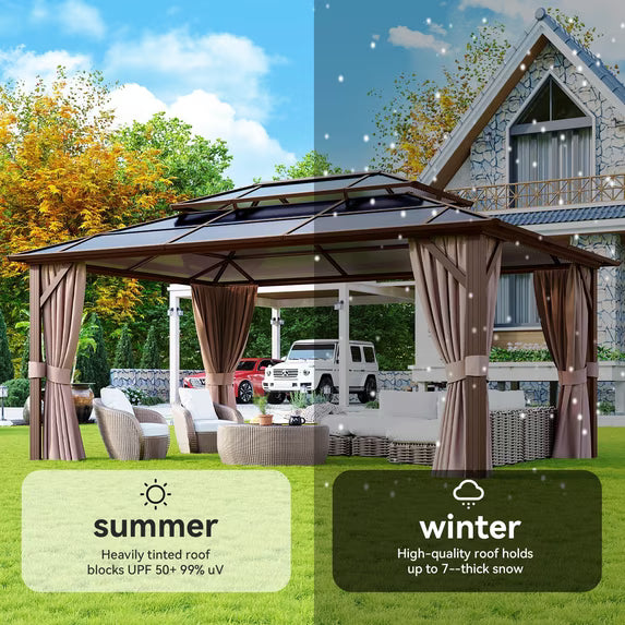 Aoxun 12 ft. x 16 ft. Hardtop Gazebo, Aluminum Frame Permanent Pavilion with Curtains and Netting, Outdoor Polycarbonate Double Roof Canopy, for Garden, Lawns, Patio