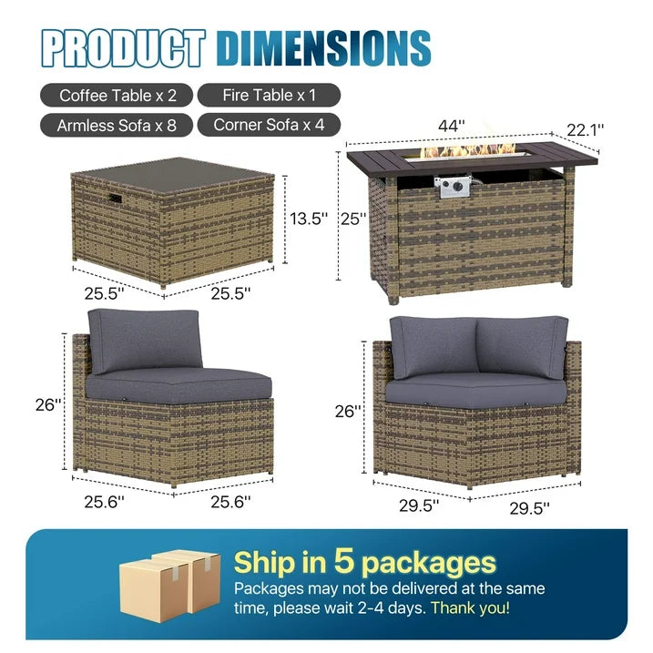 Sunmthink Patio Furniture Sets, 15-Piece Outdoor Patio Furniture with 44'' Propane Gas Firepit Table, Wicker Outdoor Conversation Set and Waterproof Cover for Backyard, Poolside, Garden