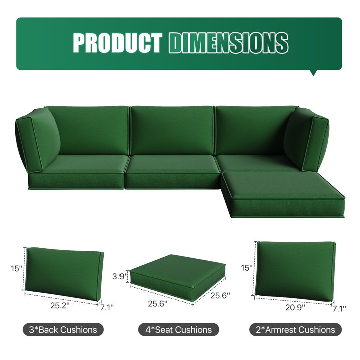 Clouddwell 9-Piece Premium Outdoor Cushion Set, High-Resilience Waterproof Cushions for 4-Seat Wicker Sectional, Comfort Upgrade (Black Green)