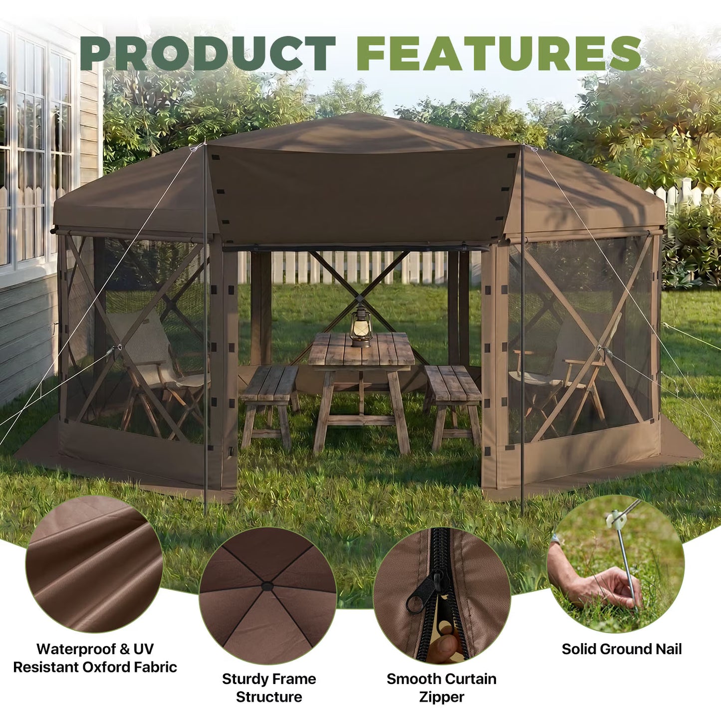 Clouddwell 15'x15' Outdoor Pop Up Gazebo, Screen Tent with Removable Top & Mosquito Netting, Camping Canopy Tent, Waterproof, UV Resistant, Portable Carry Bag, Brown