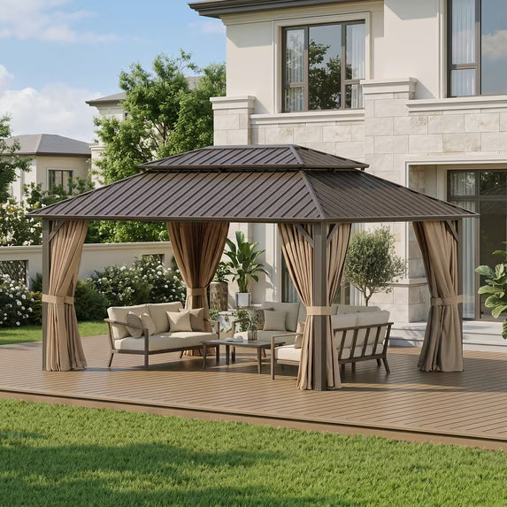 Dateyes 12x16 FT Outdoor Hardtop Gazebo, Aluminum Frame Gazebo with Removable Mesh Walls and Curtains for Patio, Lawns, Brown