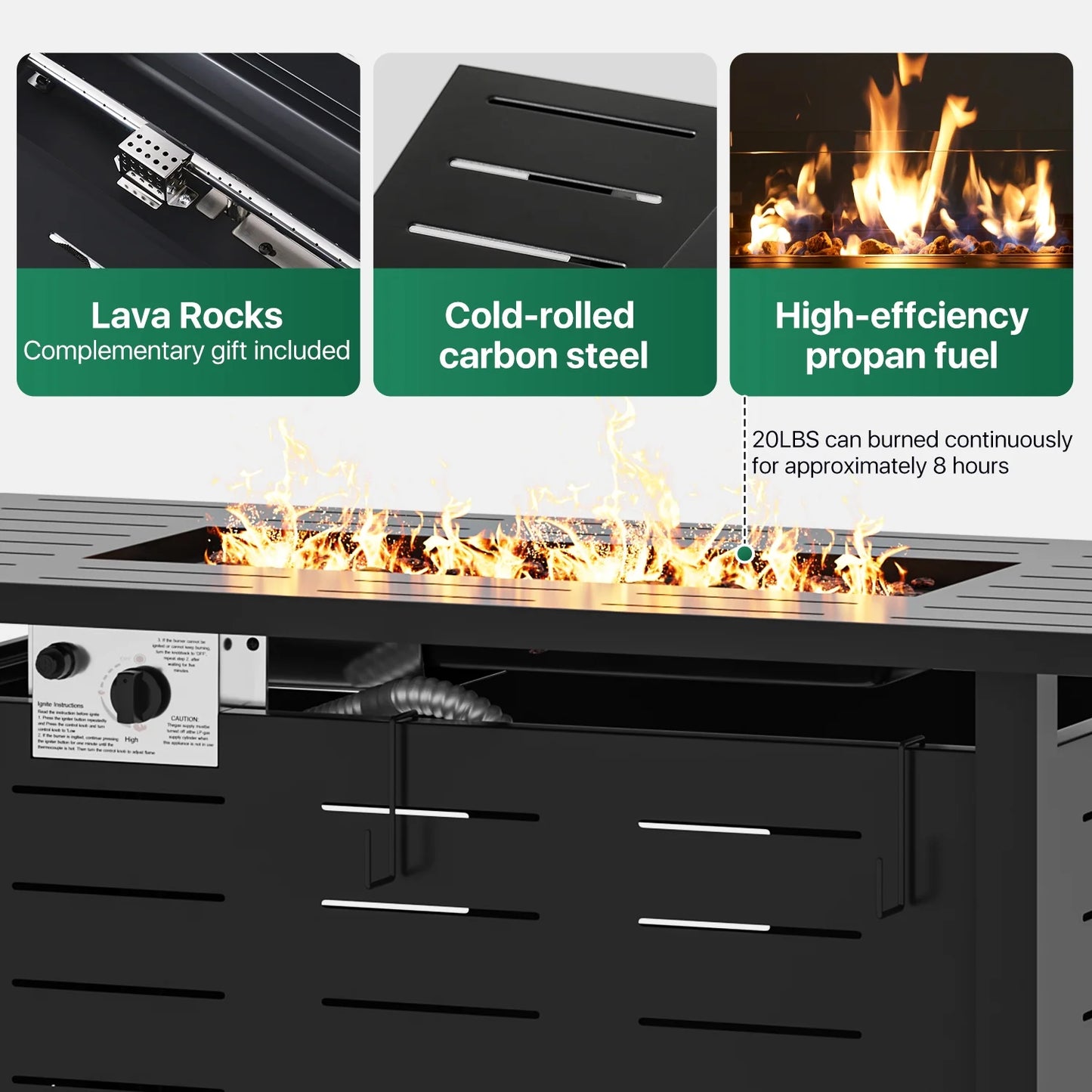 Clouddwell 40" Black Propane Fire Pit Table, 50,000 BTU Outdoor Gas Firepit with Lava Rocks, Removable Lid & Waterproof Cover for Patio Black