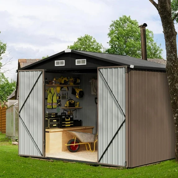Sunmthink Lockable Metal Garden Storage Shed, 77.17" x 101.57" x 67.72", Brown