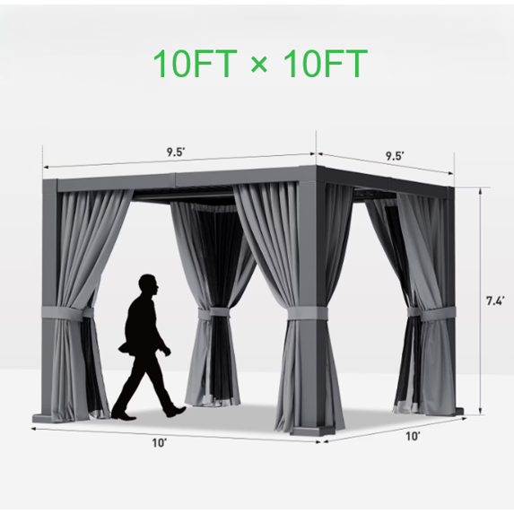 Sunmthink 10' × 10' Adjustable Louvered Pergola, Outdoor Aluminum Pergola with Curtains & Netting for Backyard, Deck & Poolside, Gray