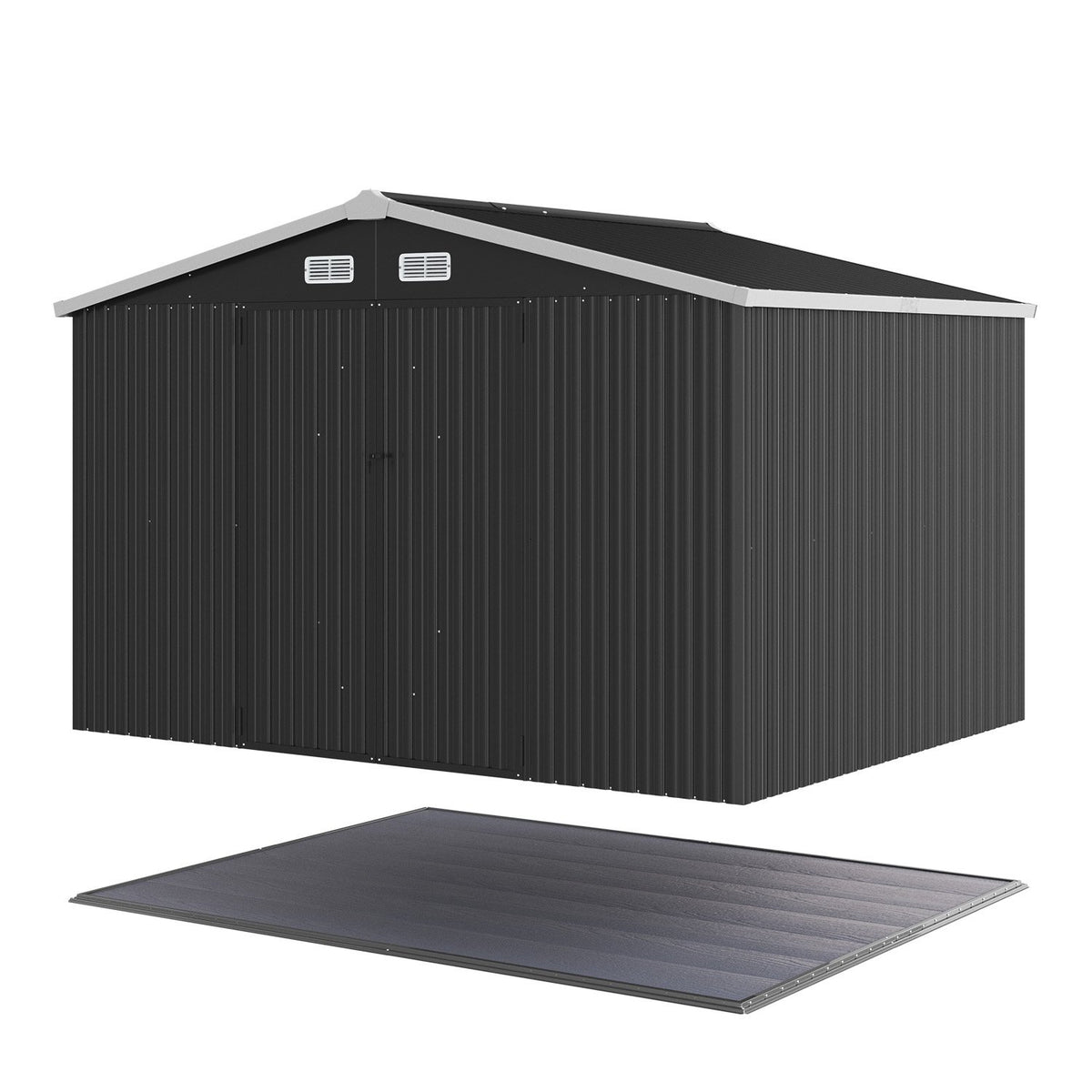 Clouddwell 10x8 FT Outdoor Metal Storage Shed with Floor (12mm PP Floor) & Double Doors for Patio, Backyard - Black