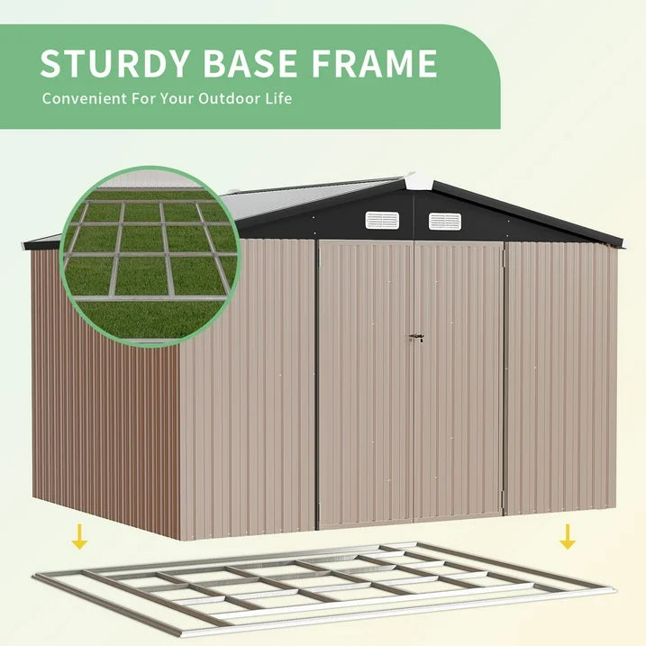 Sunmthink 7.6 x 9.7 FT Outdoor Storage Shed with Base Frame, Metal Shed with Lockable Door, Tool Shed for Garden, Backyard, Patio, Lawn(Floor included)