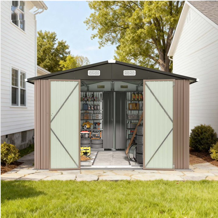 Clouddwell 10x12 ft. Outdoor Storage Shed with Base, Brown Metal Garden Shed with Double Lockable Doors for Backyard, Patio