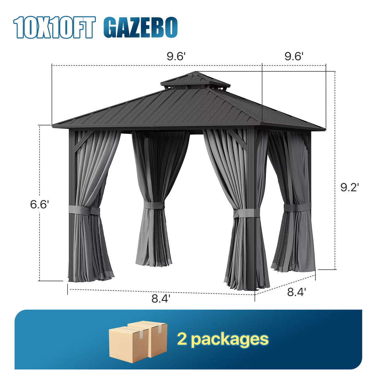 Sunmthink 10' x 10' Hardtop Gazebo with Mosquite Netting, Double Metal Roof for Lawn and Garden, Gray