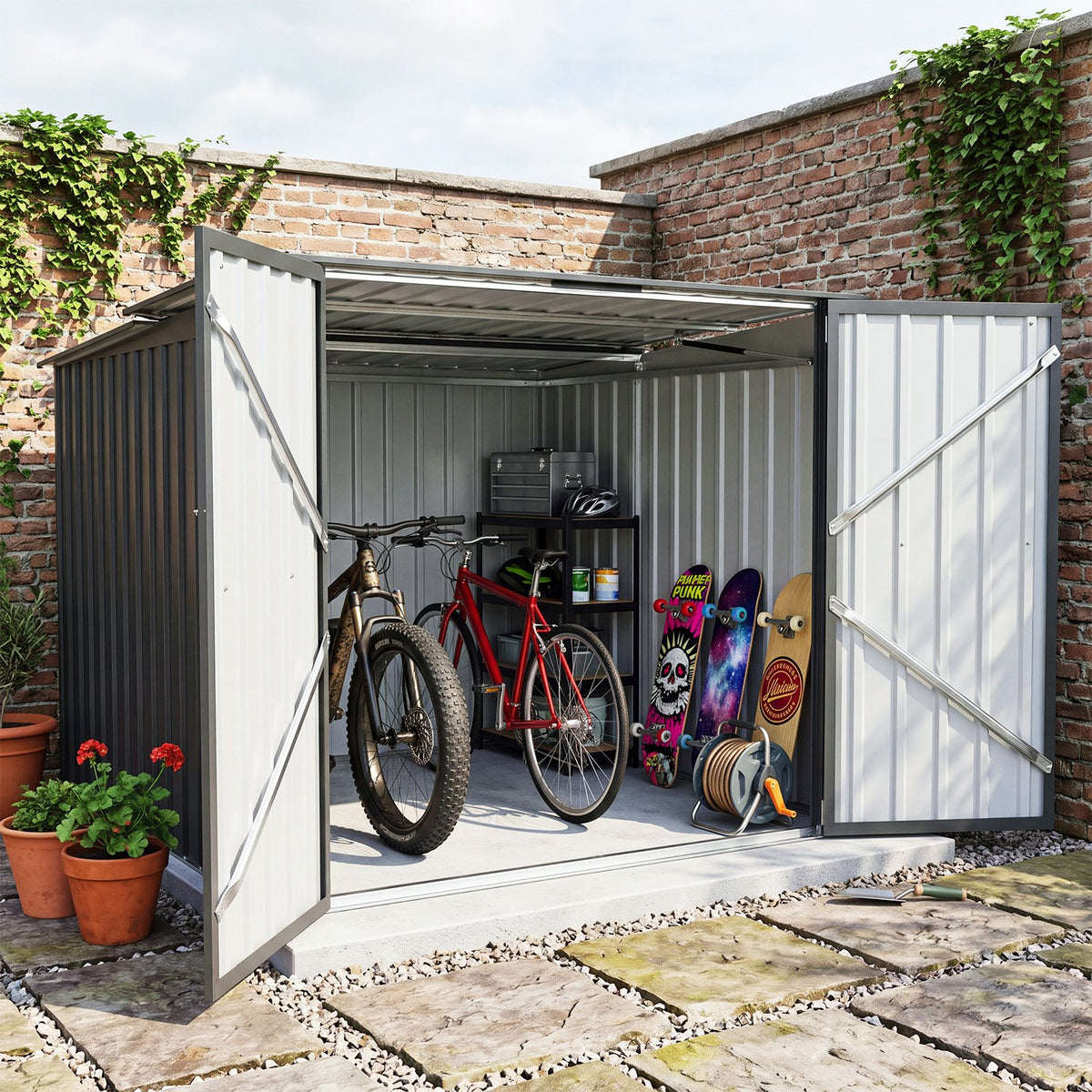 Dateyes Outdoor Storage Shed, 4.6x6.4 FT Bike Storage Shed with Flip Lid & Double Doors, Metal Outdoor Storage Cabinet for Garden, Backyard, Black