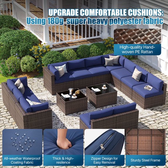 Sunmthink Patio Furniture Sets, 14-Piece Outdoor Patio Furniture with Thick Cushions, Wicker Outdoor Conversation Set and Waterproof Cover for Backyard, Poolside, Garden