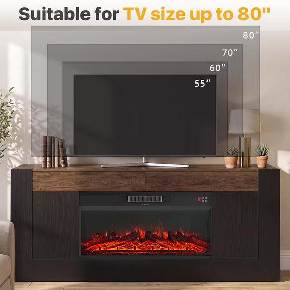 Sonergra Farmhouse Fireplace TV Stand for TVs up to 80 Inch Rustic Wood,70 Inch Electric Fireplace Entertainment Center with Drawers Cabinets and Open Storage Shelves for Living Room,Black