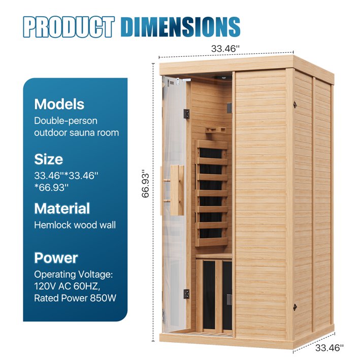 Sunmthink Full Spectrum Infrared Sauna ， 2-Person Home Sauna 850W Hemlock Wood Spa with Resonance Speaker & Tempered Glass