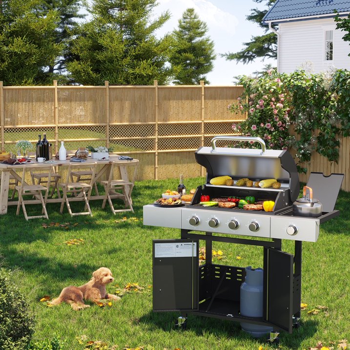 Dateyes 4 Burner Gas Propane Grill, with 4 Casters, Side Table, and Thermometer, Patio Garden BBQ Grill Perfect for Camping