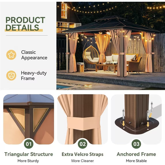 Aoxun 10' x 12' Hardtop Gazebo, Double Polycarbonate Roof Aluminum Frame Gazebo W/Curtain and Netting, and LED Outdoor Waterproof Hanging Lights,Brown