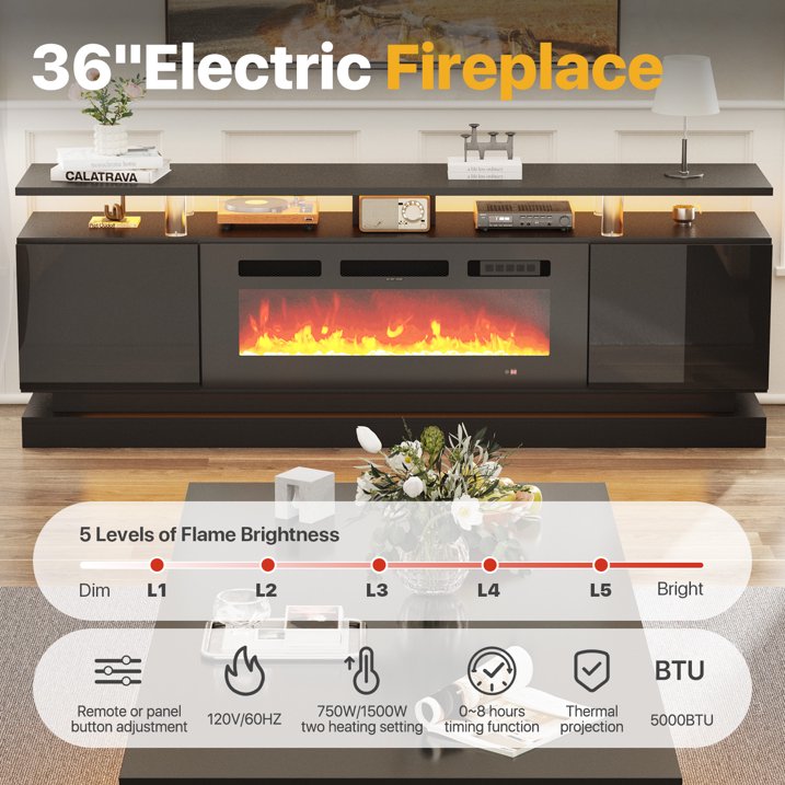 Sonegra 4-Piece Living Room Table Set Includes High Gloss 70'' Modern Fireplace TV Stand, Modern Coffee Table and 2 End Tables for Living Room, Bedroom, Black