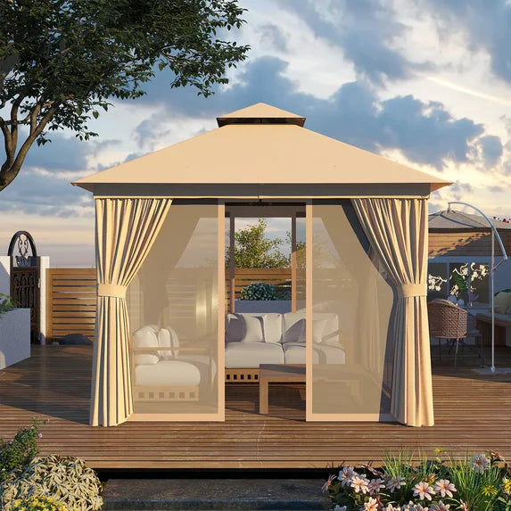 Sunmthink Outdoor Gazebo for Patio 10'x10', Metal Frame Canopy with Double Roofs, Heavy Duty Party Tent and Shelter with Mosquito Netting and Privacy Screen for Backyard,Garden,Deck (Beige)