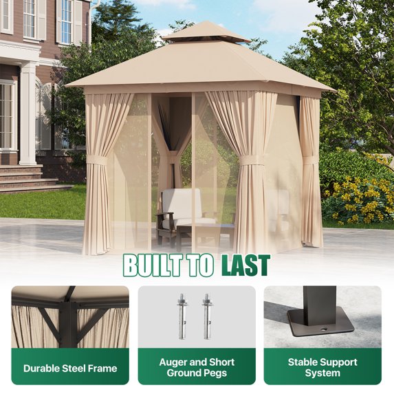 Clouddwell 8'x 8' Patio Gazebo Double Roof Protection All-Weather Outdoor Shelter Features Insect Screens & Privacy Curtains Ideal for Backyard, Lawn, (Beige)