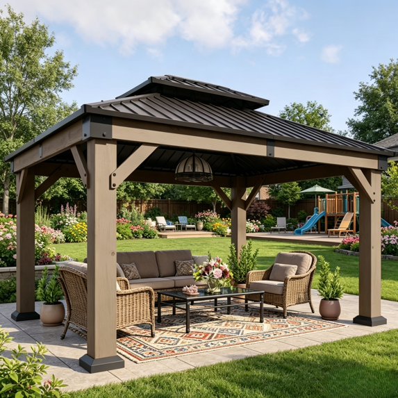 Sunmthink 10' x 12' Outdoor Cedar Wood Gazebo, Hardtop Gazebo Wooden Pavilion with Galvanized Steel Double Roof, for Patio, Garden, Deck