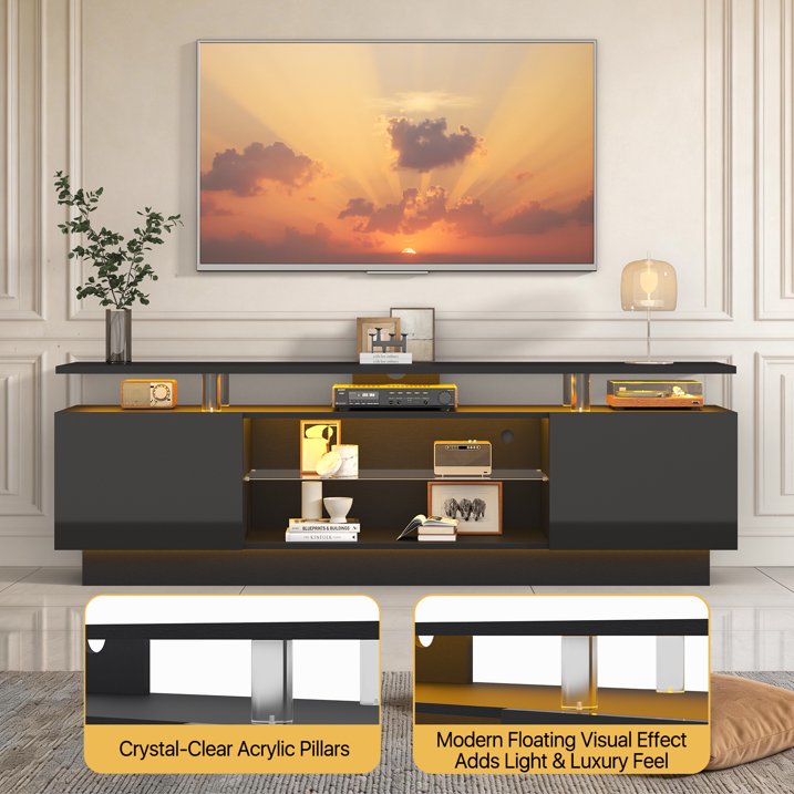Sonegra 70" High-Gloss TV Stand with 2 Side Cabinets, Modern TV Console with LED Lights, Gaming Media Cabinet with Adjustable Glass Shelf, Remote & APP Control, Black