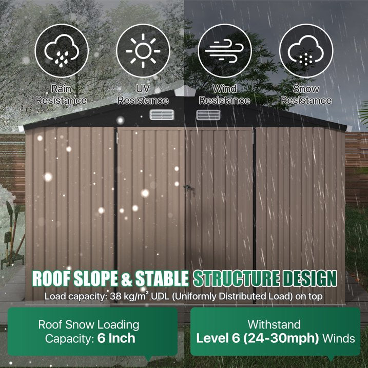 Clouddwell 9.5x7.5ft Galvanized Steel Storage Shed with Floor & Double Doors - Brown