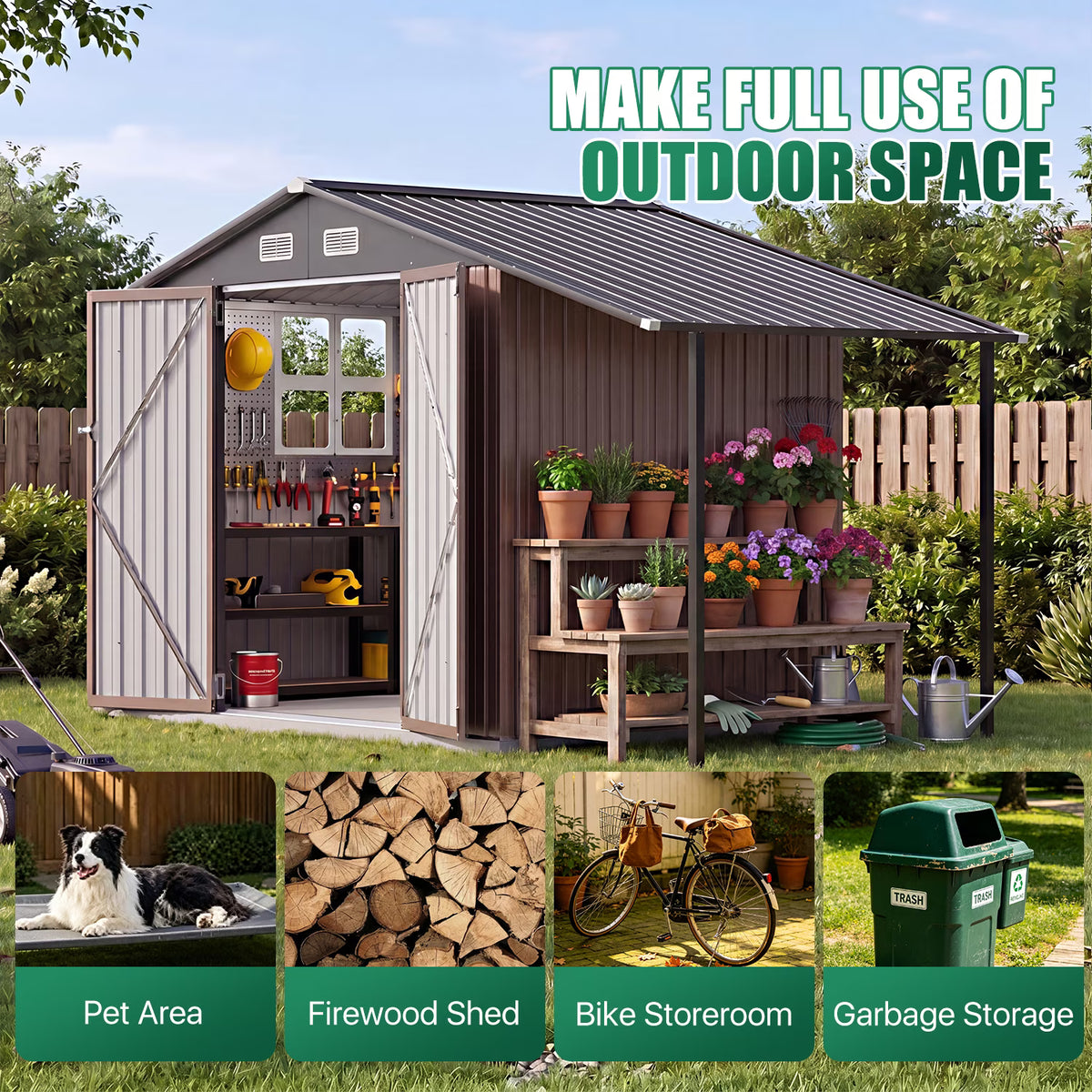 Dateyes 10 x 6 FT Metal Storage Shed with Hardtop Gazebo, Outdoor Tool Shed Firewood Storage for Garden, Backyard, Brown