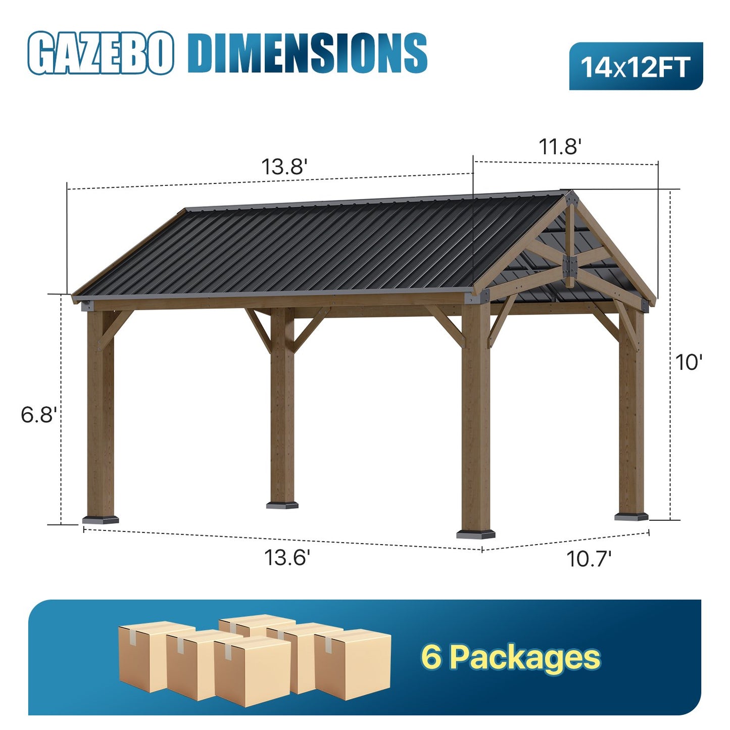 Sunmthink 12' x 14' Wood Frame Gazebo, Hardtop Gazebo with Galvanized Steel, Permanent Wooden Pavilion for Patio Backyard Lawn Garden