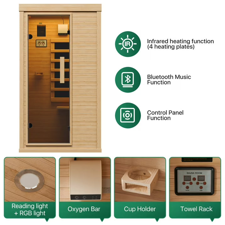 Clouddwell 1-Person Home Far Infrared Sauna | 850W High-Efficiency Heating Western Hemlock Dry Sauna with Color Lighting & Bluetooth Speaker (For Home & Gym Use)