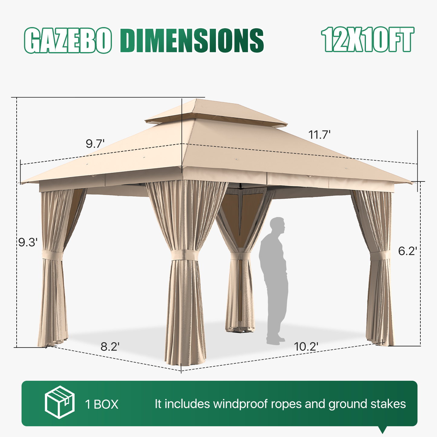 Clouddwell 10'x12' Patio Gazebo Double Roof Protection All-Weather Outdoor Shelter Features Insect Screens & Privacy Curtains Ideal for Backyard, Lawn, (Beige)