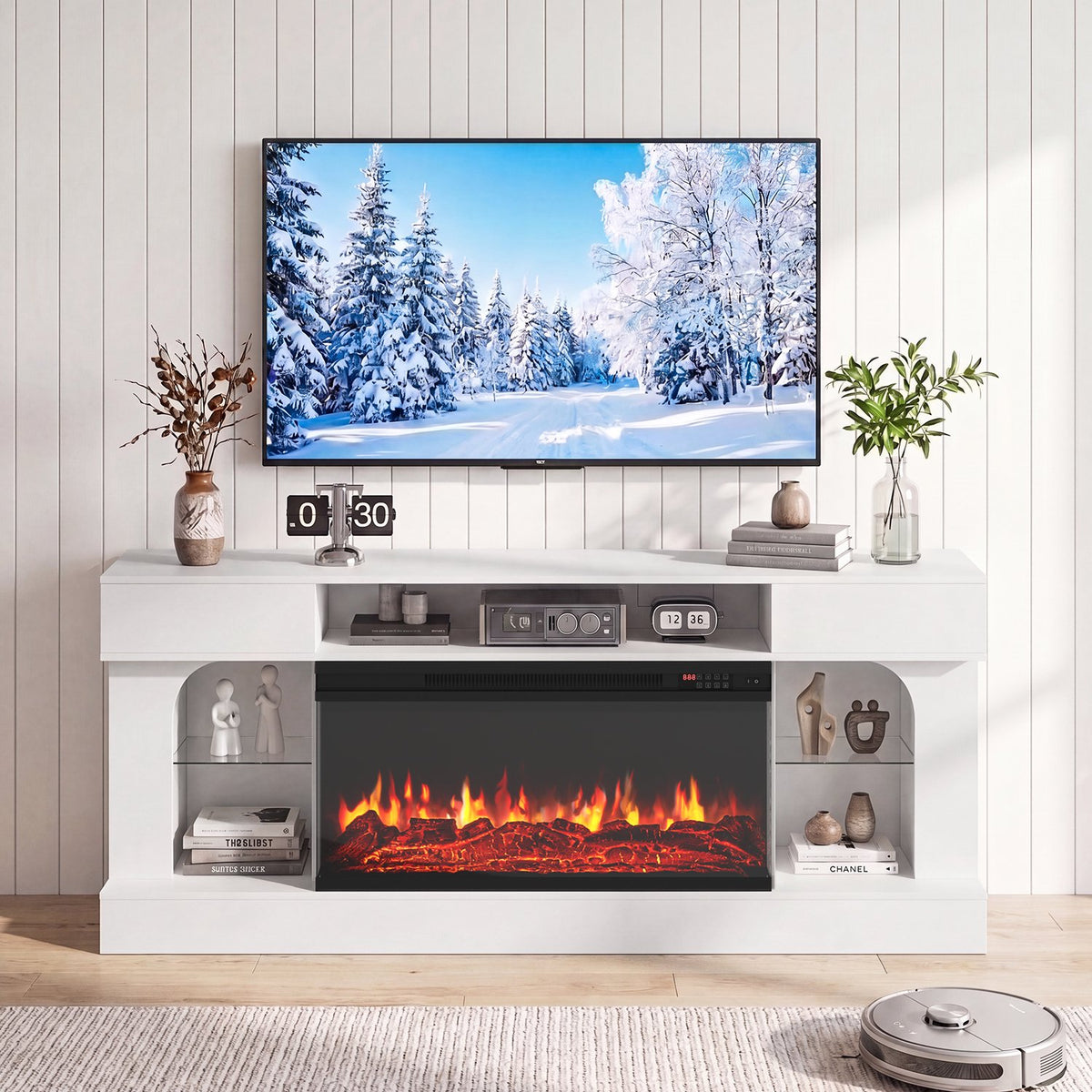Sonegra 70 Inch Fireplace TV Stand, 3‑Sided Glass Electric Fireplace Media Console Fits Up to 80" TV, Entertainment Center with Shelves & Spacious Storage, LED Flame TV Cabinet for Living Room, White